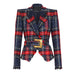 Plaid jacket with red and blue pattern and gold buckle on a white background