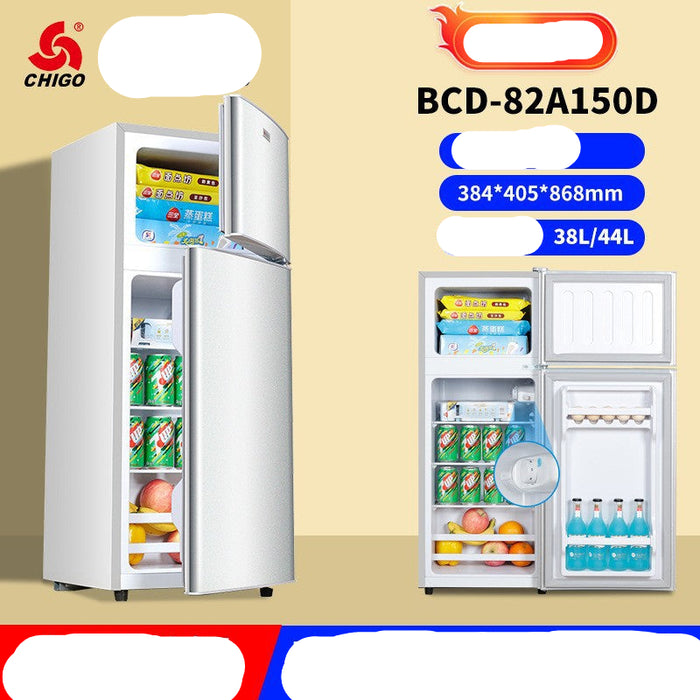  refrigerator with CHIGO branding and product details on a beige background