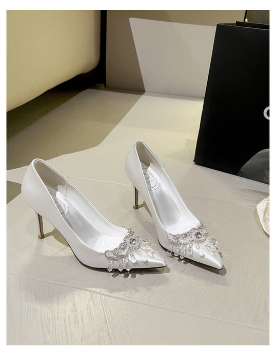 French Pointed Toe Rhinestone Elegant White Satin High Heel Wedding Shoes