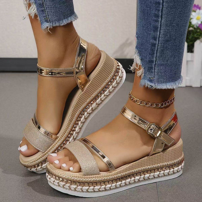 36-42 Sandals One-Strap Thick Sole Buckle Wedge Women's Glossy - Dio Kollections