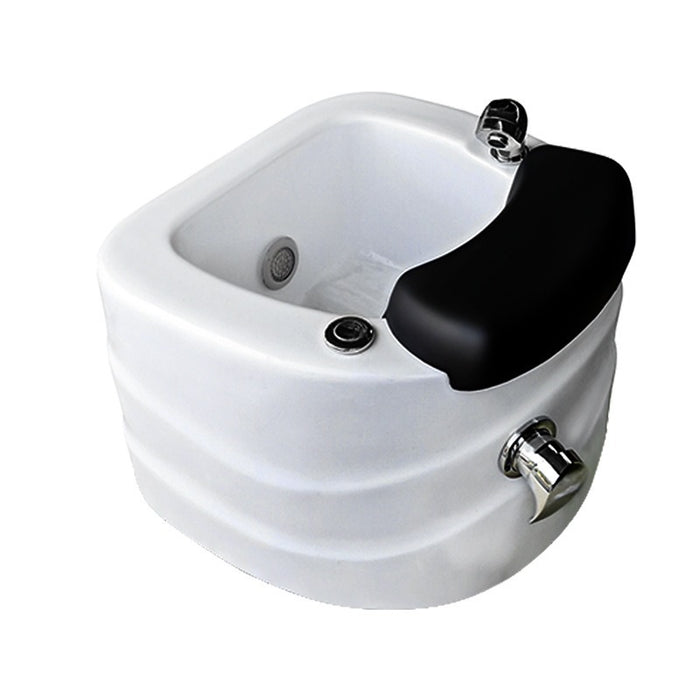 White sink with black faucet on a white background