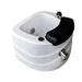 White sink with black faucet on a white background