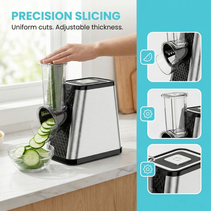 Cucumber being sliced by a precision slicing machine with text highlighting features.