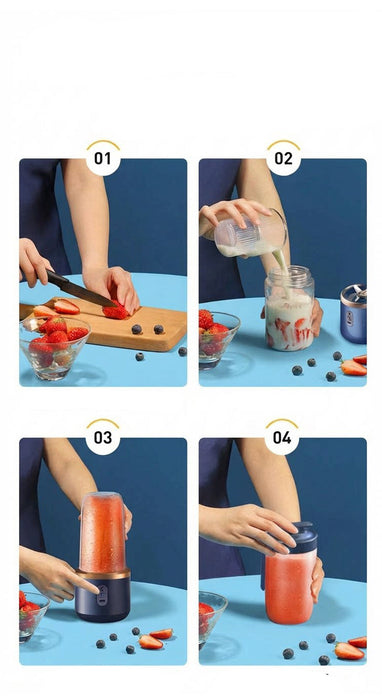Step-by-step guide on using a portable blender with text instructions.