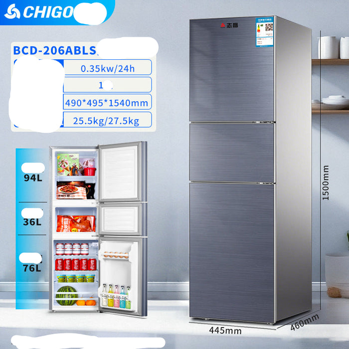 CHIGO refrigerator with specifications on a gray background