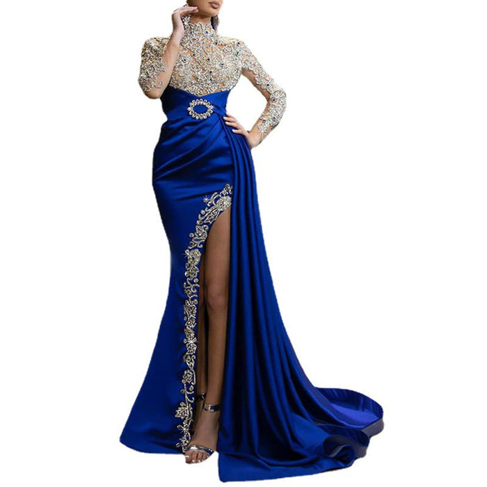 Dio Splendid High Neck Prom Robe Pleated Thigh Split Party Maxi Blue Gold Evening Dresses - Dio Kollections