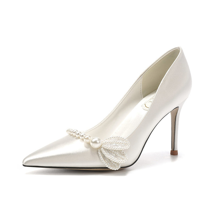 High-end Pearl French Satin Plus Size Wedding Shoes 41-43