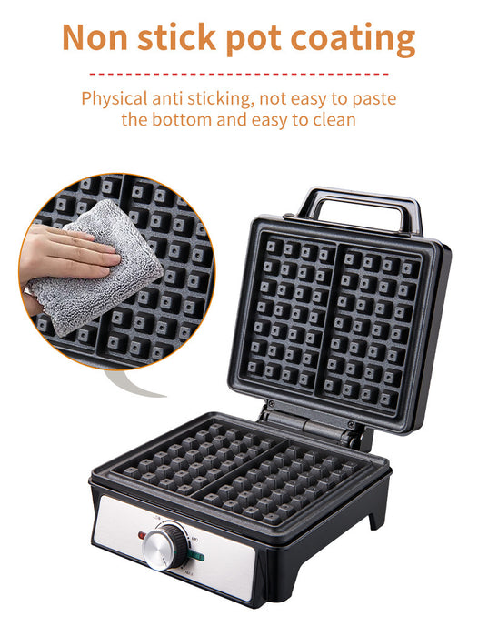 Waffle maker with non-stick pot coating feature and cleaning illustration.