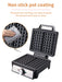 Waffle maker with non-stick pot coating feature and cleaning illustration.