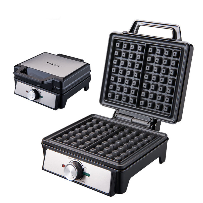 Waffle maker with open lid showing waffle patterns on a white background