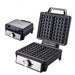 Waffle maker with open lid showing waffle patterns on a white background