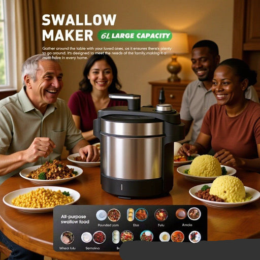 Family gathered around a table with a Swallow Maker in the center, featuring large capacity and multiple food options.