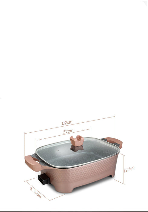 Electric hot pot with dimensions and specifications on a white background
