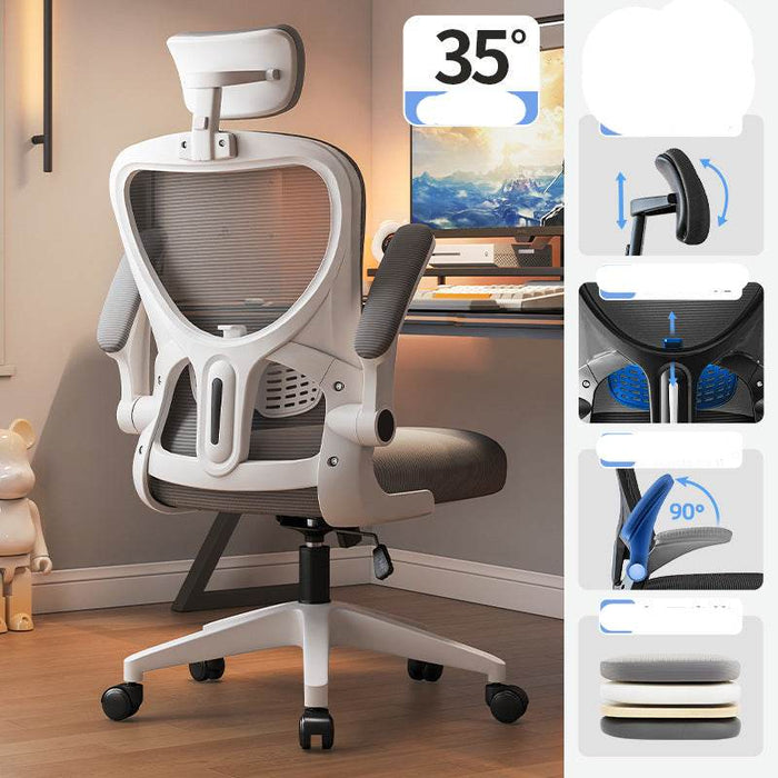 Ergonomic office chair with features highlighted on the right side