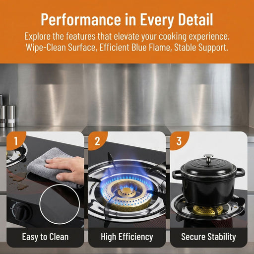 Stainless steel gas stove with features highlighted on an orange background
