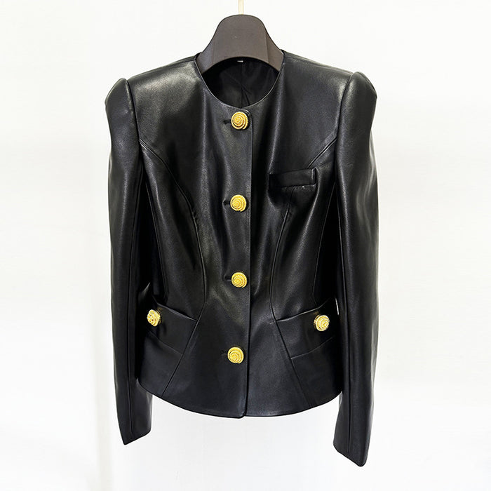 Black leather jacket with gold buttons on a hanger against a white background