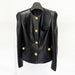 Black leather jacket with gold buttons on a hanger against a white background