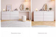 White dresser with mirror in two states: deployed and contracted, on a neutral background.