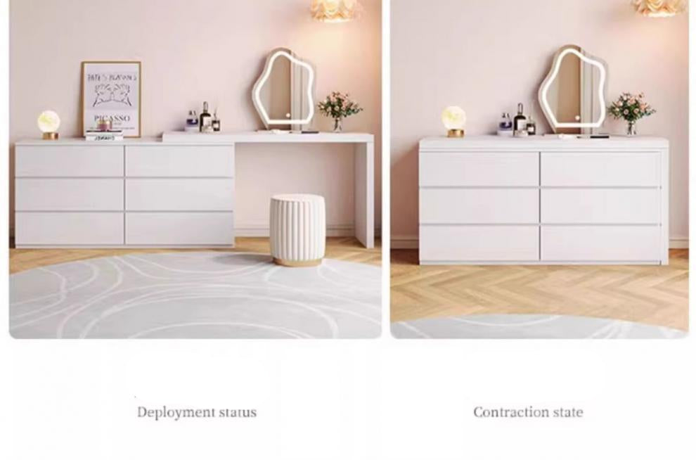 White dresser with mirror in two states: deployed and contracted, on a neutral background.