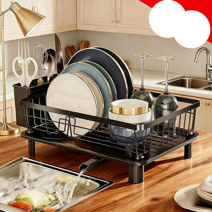 Dish drying rack with dishes in a kitchen setting