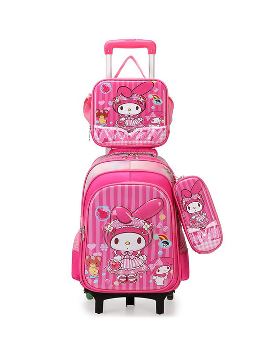 Pink children's suitcase with cartoon character design on a white background