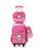 Pink children's suitcase with cartoon character design on a white background