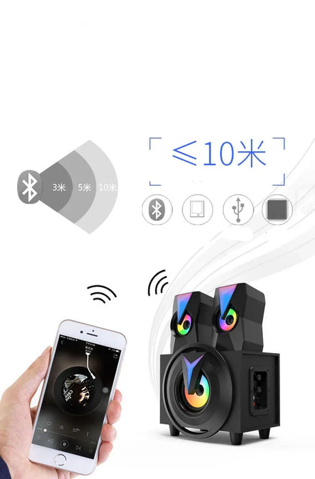 Bluetooth speaker with smartphone showing app interface, text about Bluetooth connection range.