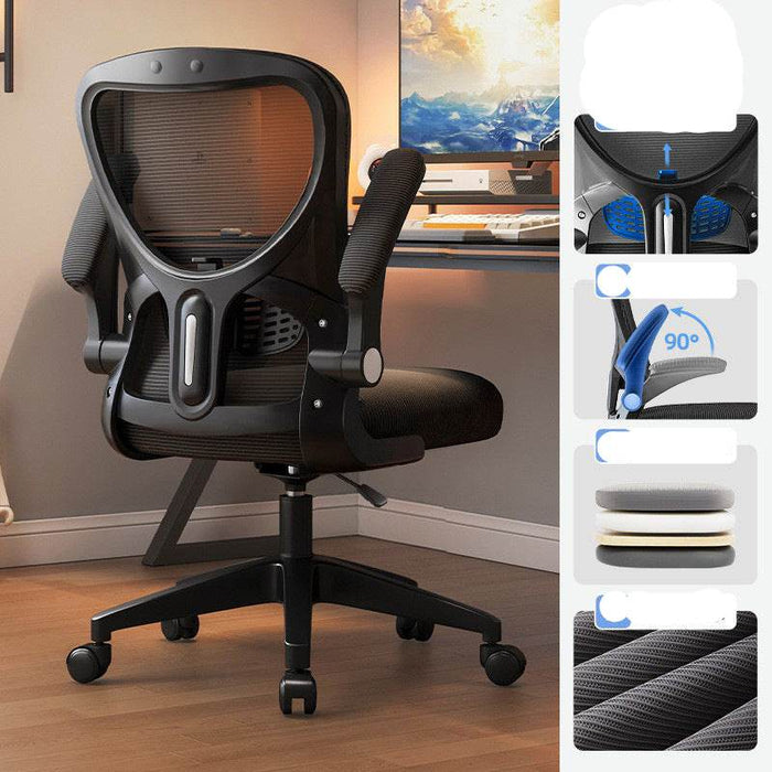 Black office chair with ergonomic features on a wooden floor.