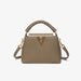 Beige handbag with gold accents on a white background