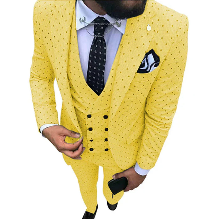 Yellow patterned suit jacket with a white shirt and black tie on a white background