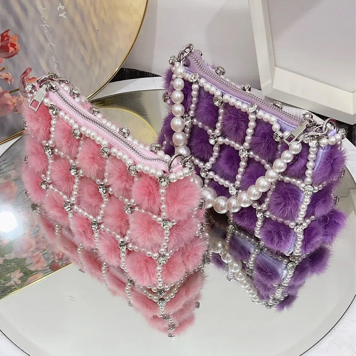 Pearl Diamond Chain Mink Fur French Fairy Single Shoulder Crossbody Bag