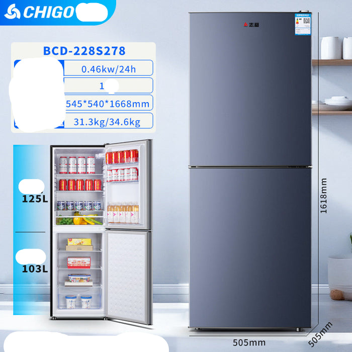 CHIGO refrigerator with open door showing interior and specifications on a light blue background