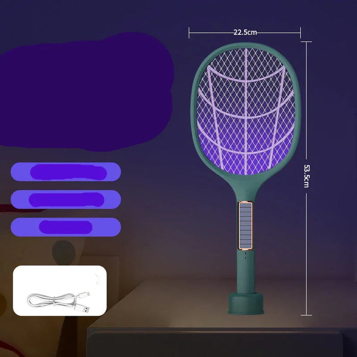 Green electric fly swatter with dimensions and features on a dark background