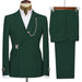 Green suit jacket and pants on a mannequin and hanger against a white background