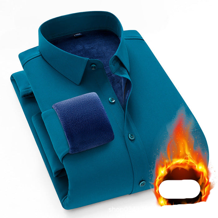 Folded blue shirt with a flame graphic and text on a white background