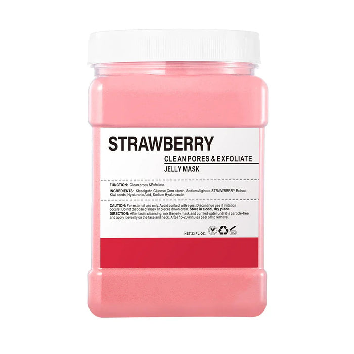 Pink strawberry jelly mask in a container with a white label on a white background