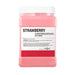 Pink strawberry jelly mask in a container with a white label on a white background