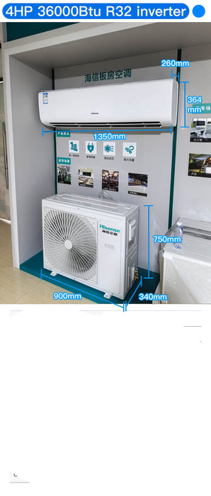 Air conditioning unit with dimensions and specifications displayed on a white background