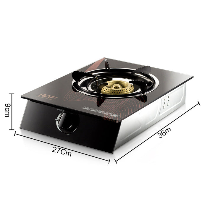 Single burner gas stove with dimensions labeled on a white background
