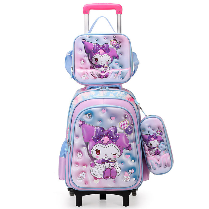 Cartoon character-themed school backpack with wheels and pencil case on a white background
