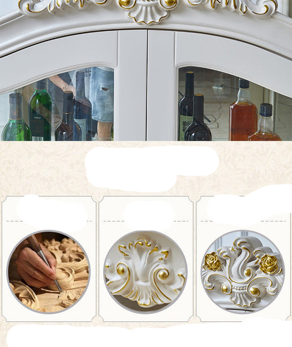 Decorative cabinet with intricate carvings and bottles inside, showcasing craftsmanship.