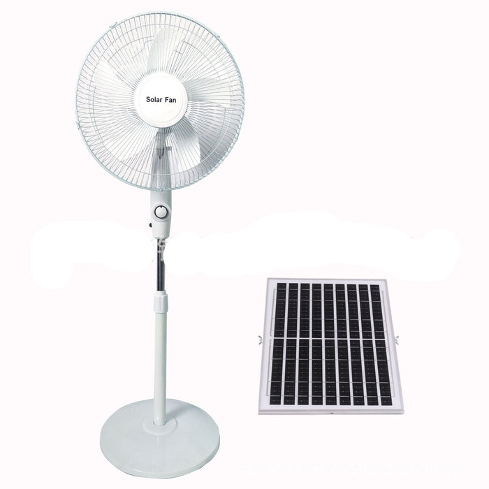 Solar-powered standing fan with solar panel on a white background