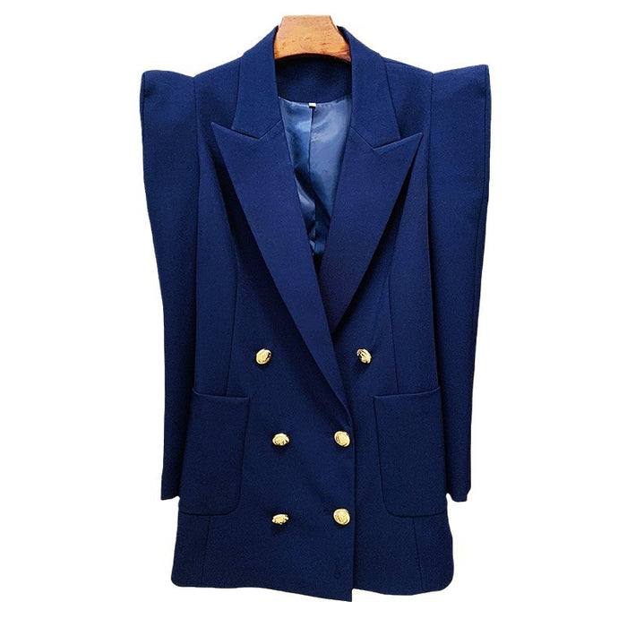 Blue blazer with gold buttons on a white background