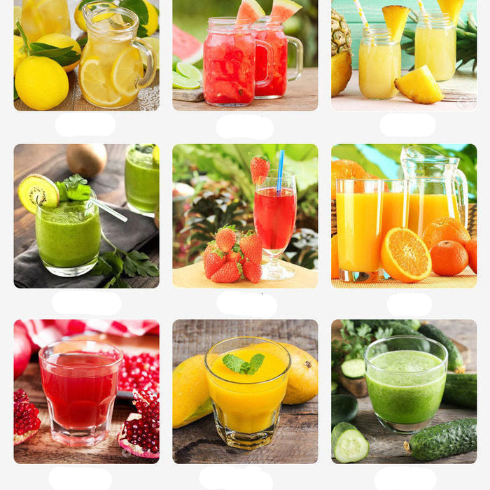 Various juice types with corresponding images and text labels.