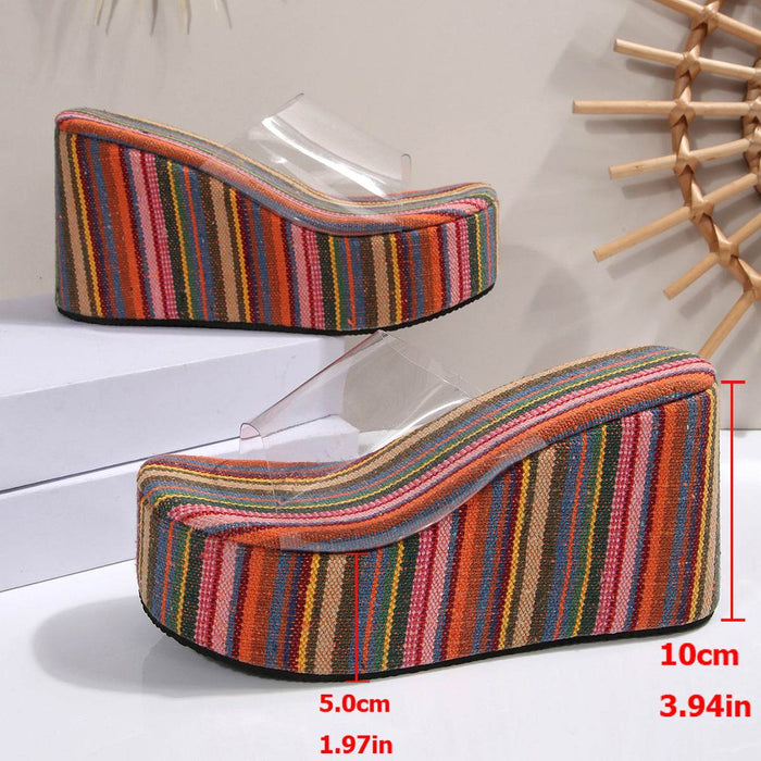 Colorful striped wedge shoe with measurements on a white background