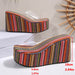 Colorful striped wedge shoe with measurements on a white background