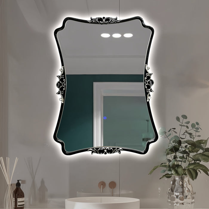 Decorative wall mirror with black frame in a bathroom setting