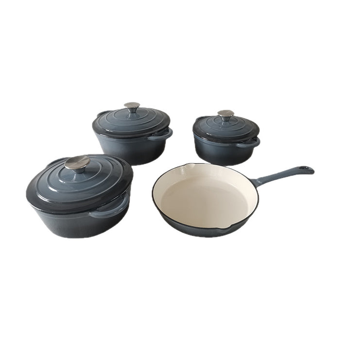 Set of gray cookware including pots and a pan on a white background