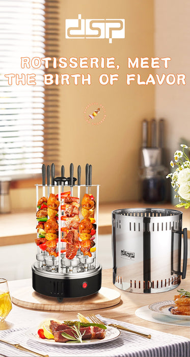 ESP rotisserie oven shown in a kitchen setting with food skewers cooking inside and a separate metal chamber beside it. The scene includes promotional text and the ESP brand logo.