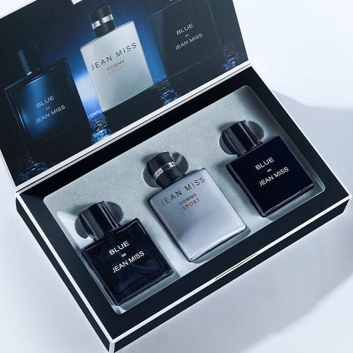 Set of Jean Miss perfume bottles in a box on a white background